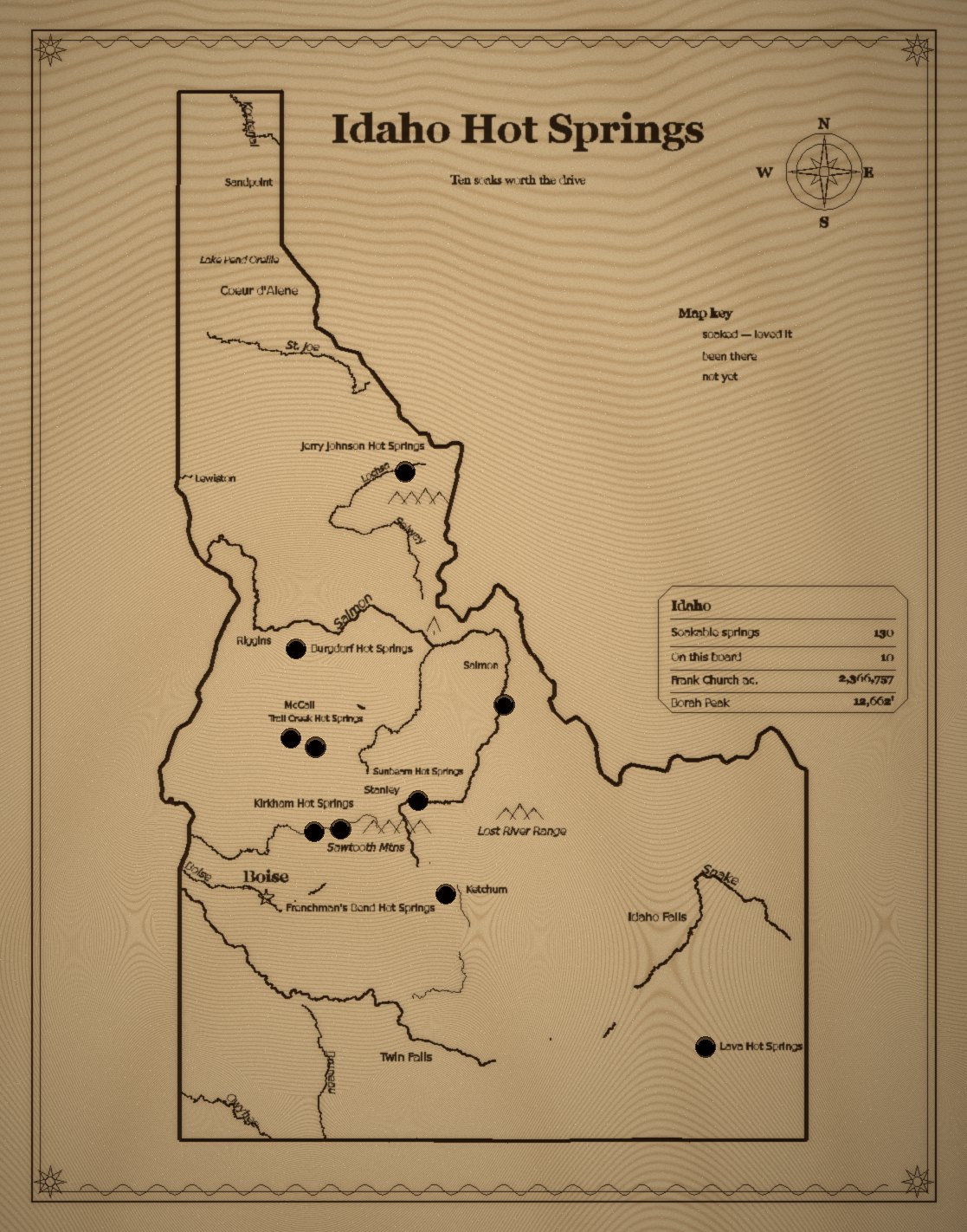 Idaho hot springs engraved wood map