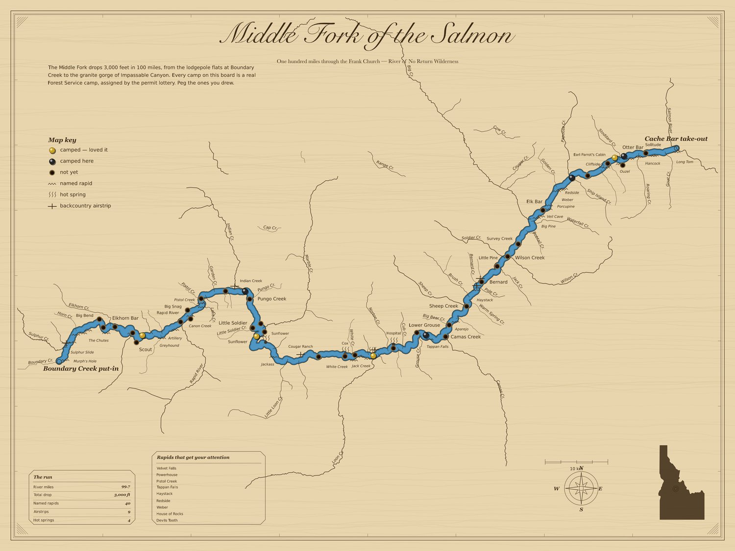 Middle Fork board after: surveyor border, stats and rapids panels, scale bar