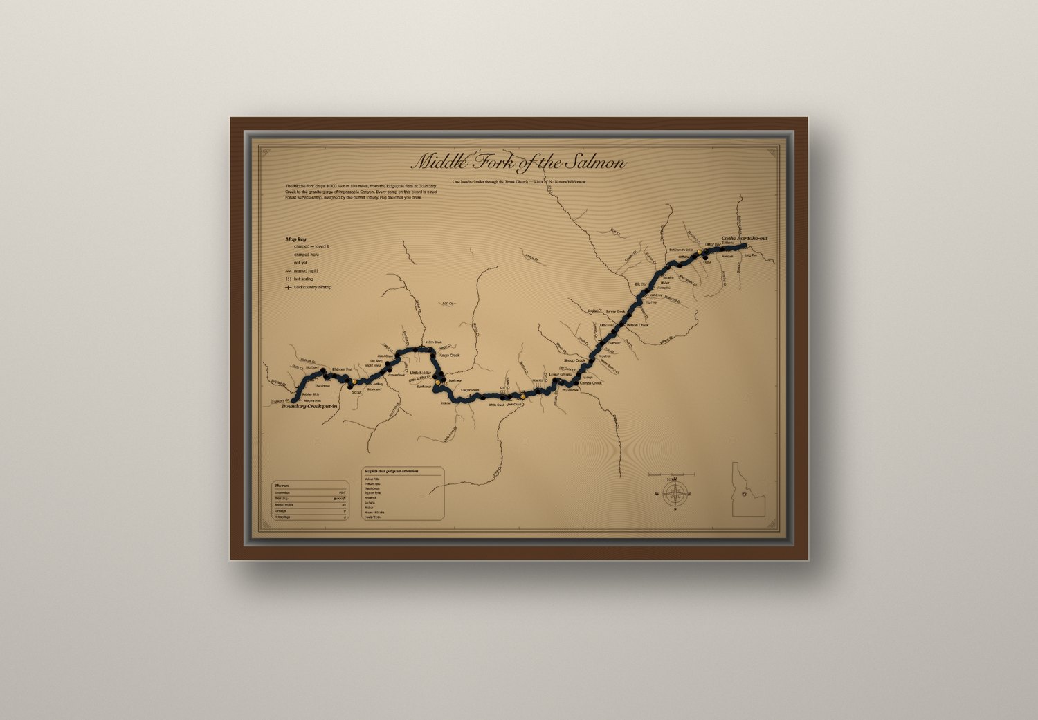 Middle Fork of the Salmon engraved wood map, framed on a wall